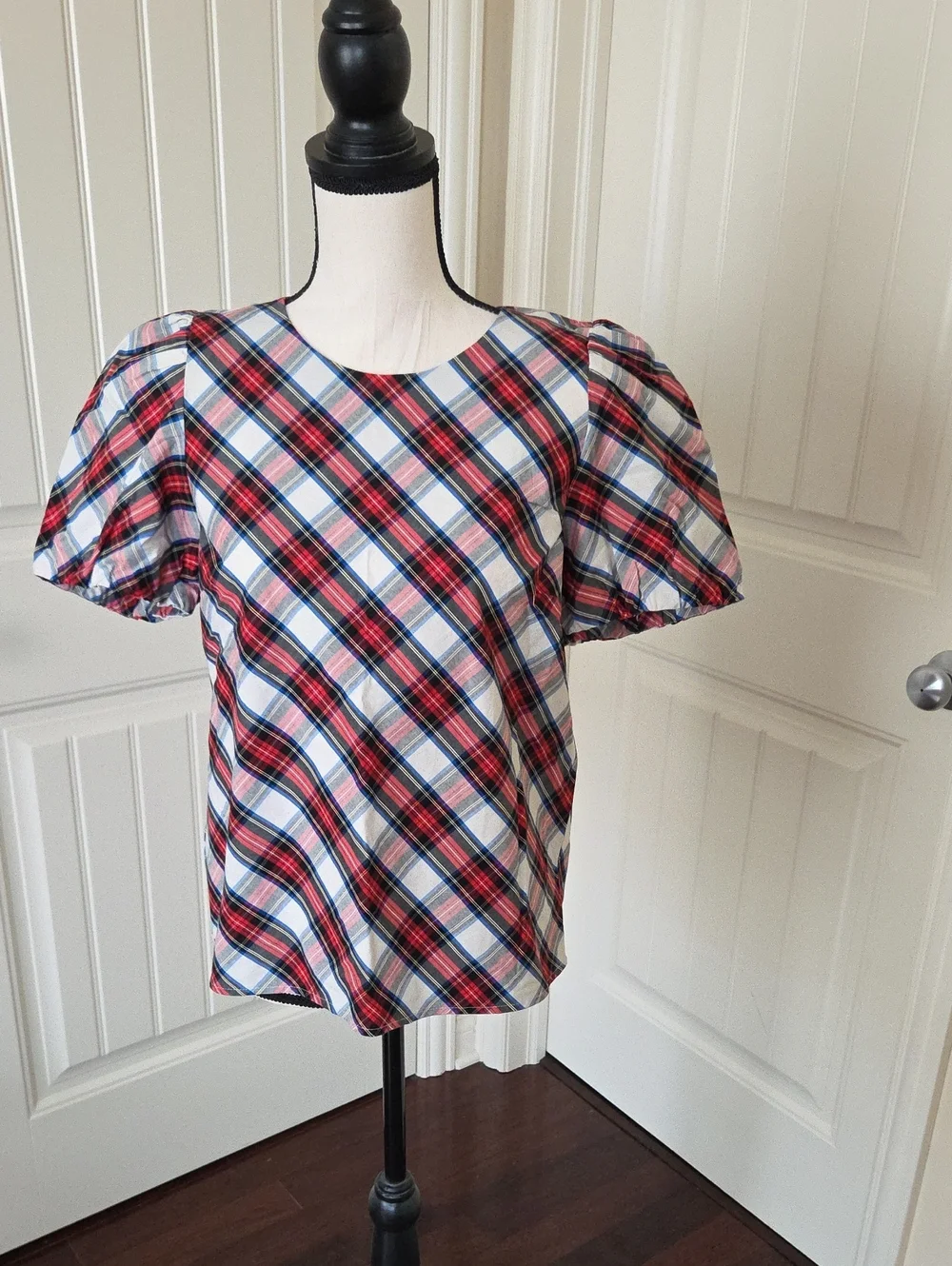 J. Crew Red, Blue and White Plaid Puff-Sleeve Blouse